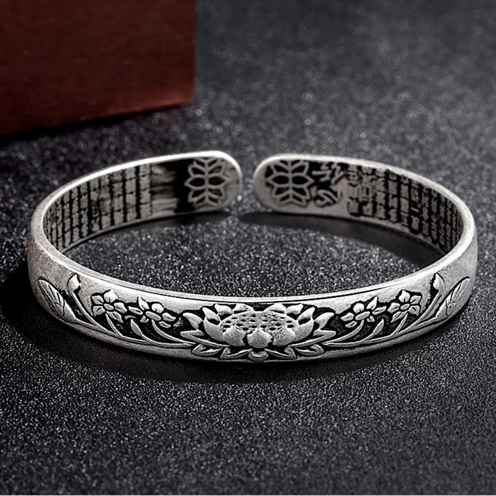 Sterling Silver Lotus Flower Bracelet, Adjustable Resizable Bangle Cuff,